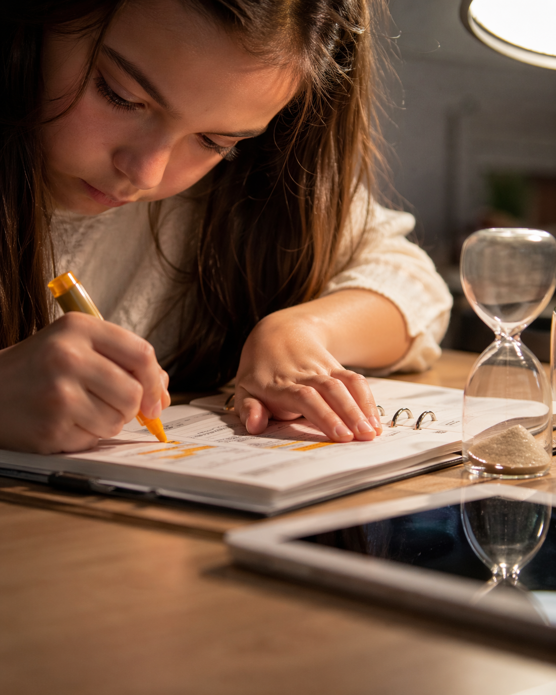 תלמידה לומדת בריכוז עם מחברת ושעון חול